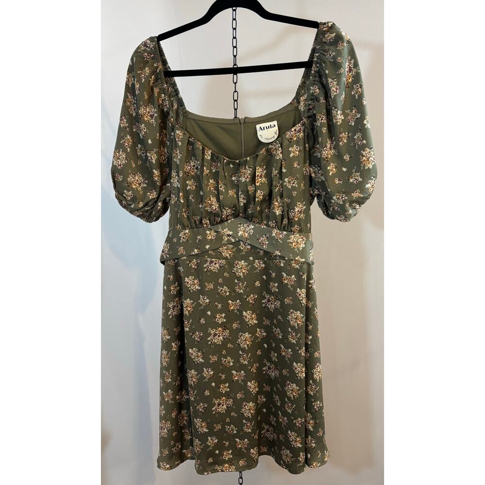 ARULA Olive Green Floral Puff-Sleeve Mini Dress